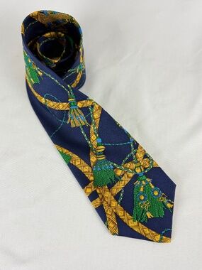 Vintage 1980s Bullock and Jones Necktie Blue Green Gold Tassels Silk Tie Italy